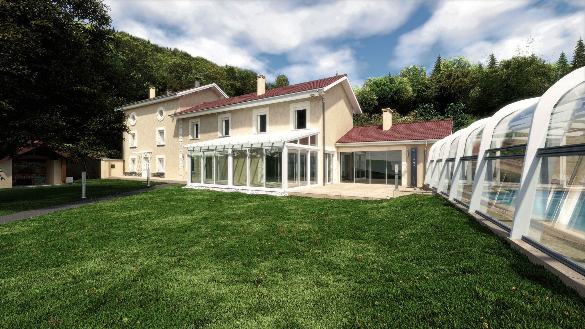 Villa avec piscine couverte, rendu extérieur