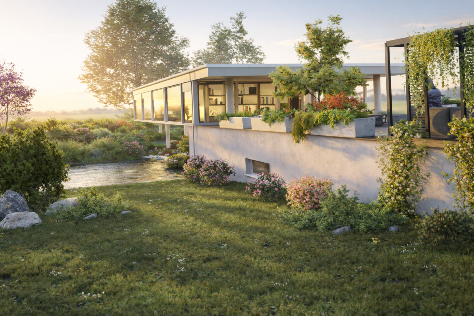 Maison contemporaine au coucher du soleil